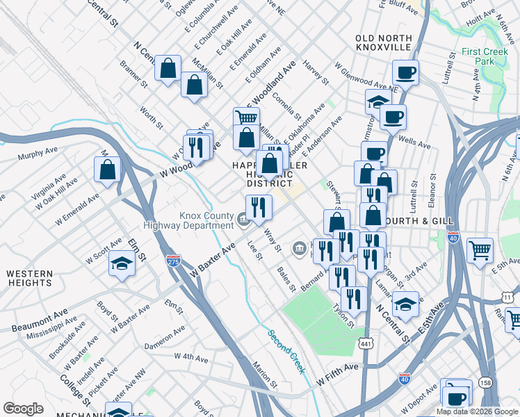 map of restaurants, bars, coffee shops, grocery stores, and more near 145 West Anderson Avenue in Knoxville