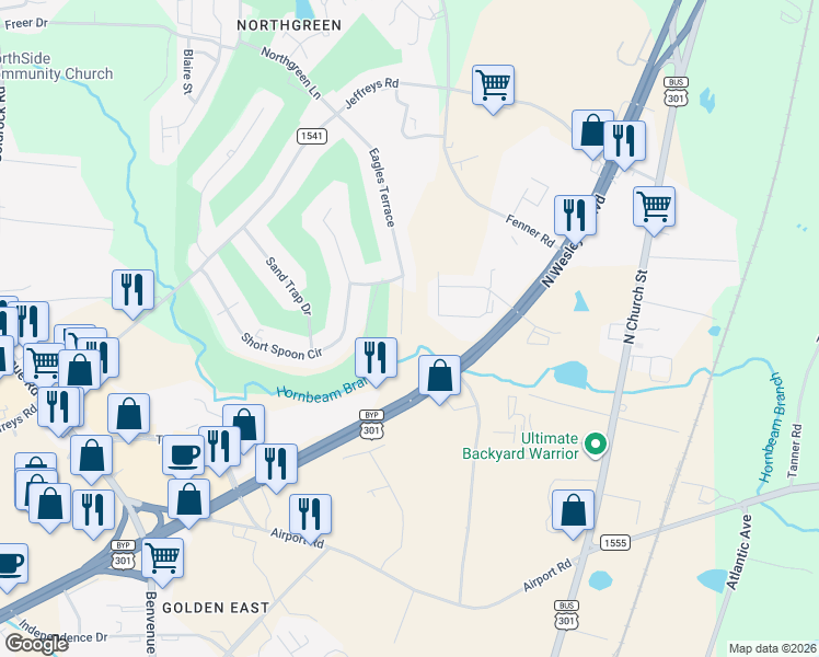 map of restaurants, bars, coffee shops, grocery stores, and more near 609 Eagles Terrace in Rocky Mount