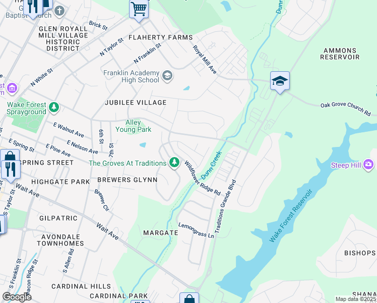 map of restaurants, bars, coffee shops, grocery stores, and more near 840 Conifer Forest Lane in Wake Forest