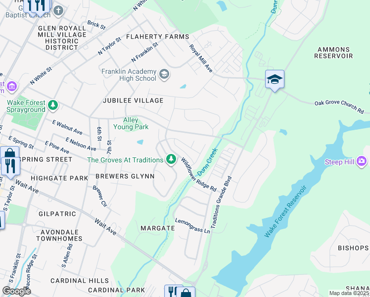 map of restaurants, bars, coffee shops, grocery stores, and more near 840 Conifer Forest Lane in Wake Forest
