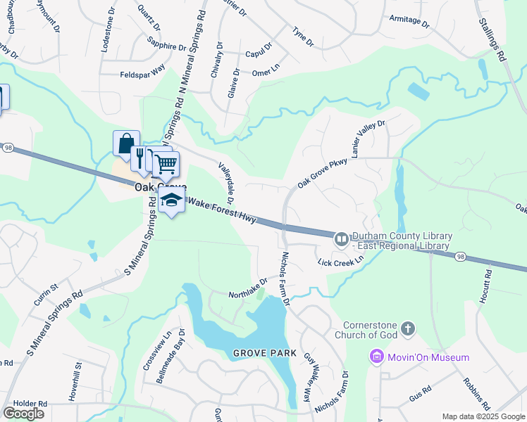 map of restaurants, bars, coffee shops, grocery stores, and more near 4011 Wake Forest Highway in Durham