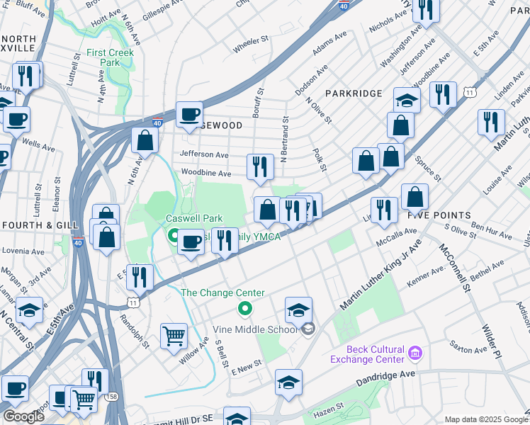 map of restaurants, bars, coffee shops, grocery stores, and more near 1801 East 5th Avenue in Knoxville