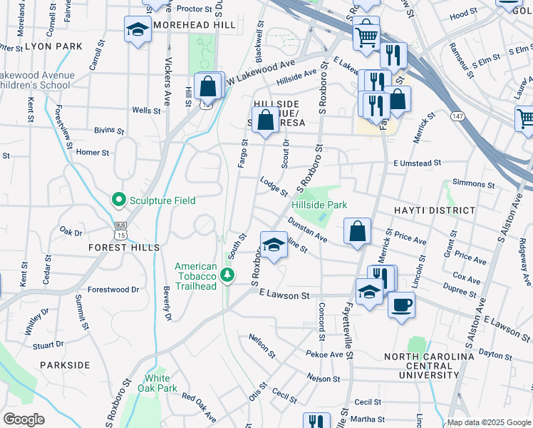 map of restaurants, bars, coffee shops, grocery stores, and more near 109 Bond Street in Durham