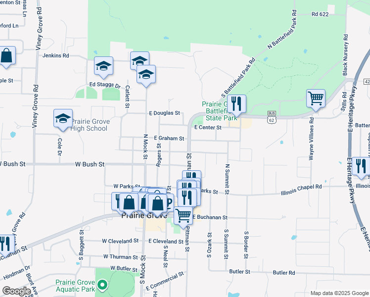map of restaurants, bars, coffee shops, grocery stores, and more near 400 North Pittman Street in Prairie Grove