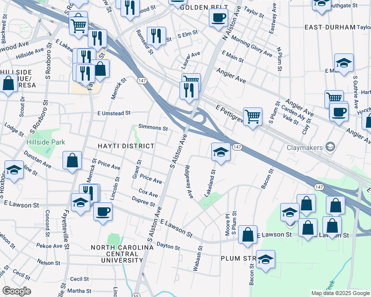 map of restaurants, bars, coffee shops, grocery stores, and more near 611 South Alston Avenue in Durham