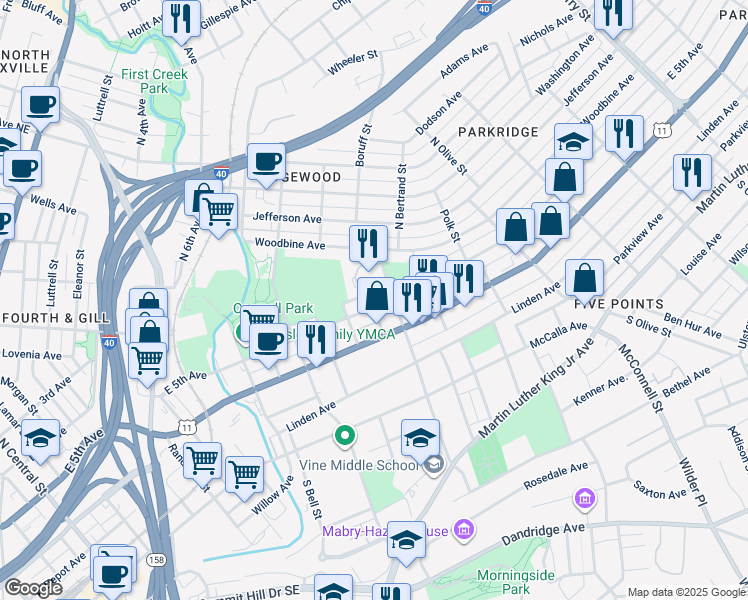 map of restaurants, bars, coffee shops, grocery stores, and more near 1801 East 5th Avenue in Knoxville