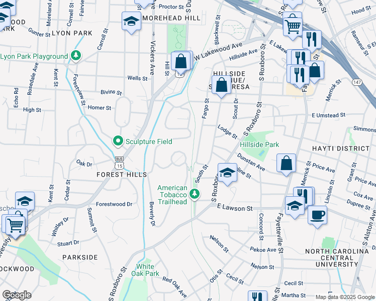 map of restaurants, bars, coffee shops, grocery stores, and more near 425 Carolina Circle in Durham