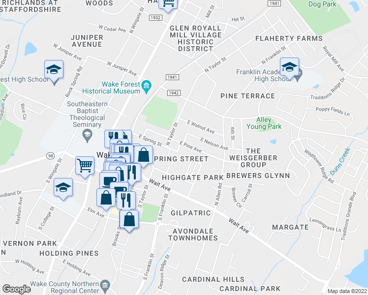 map of restaurants, bars, coffee shops, grocery stores, and more near 506 E Pine Ave in Wake Forest