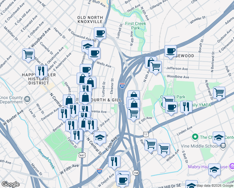 map of restaurants, bars, coffee shops, grocery stores, and more near 829 3rd Avenue in Knoxville
