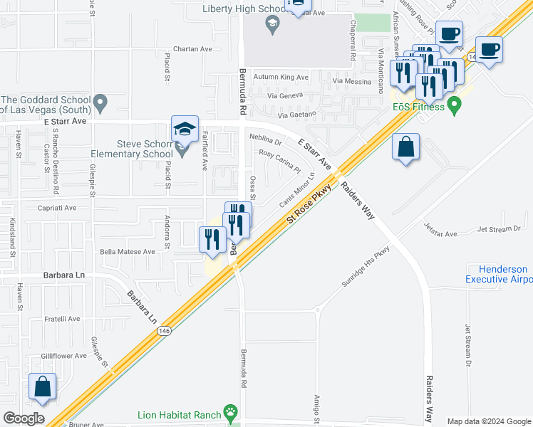 map of restaurants, bars, coffee shops, grocery stores, and more near 1326 Ossa Street in Henderson