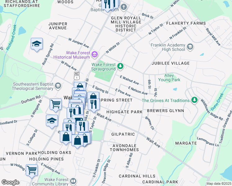map of restaurants, bars, coffee shops, grocery stores, and more near 506 East Pine Avenue in Wake Forest