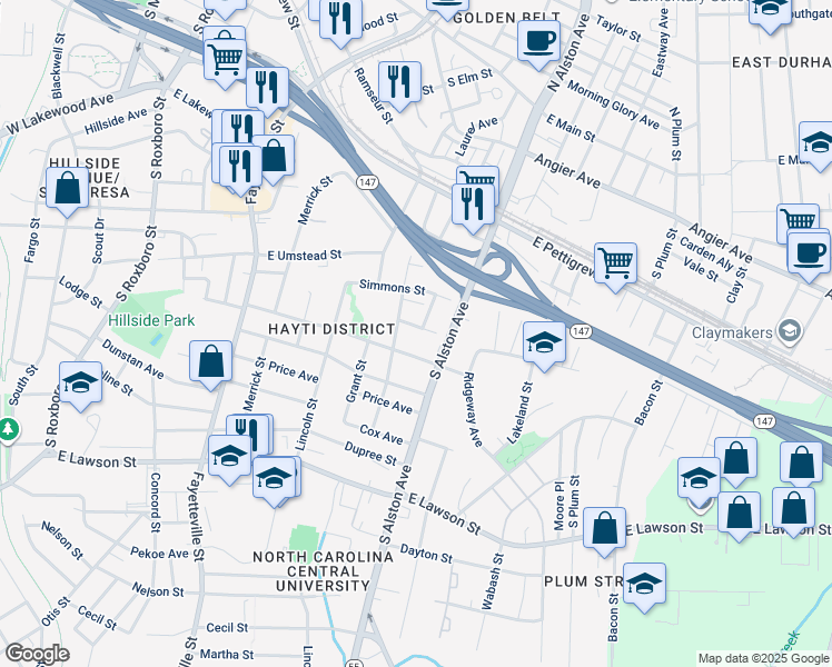 map of restaurants, bars, coffee shops, grocery stores, and more near 1102 Jacob Street in Durham