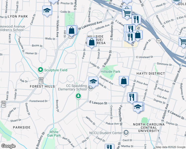 map of restaurants, bars, coffee shops, grocery stores, and more near 109 Bond Street in Durham