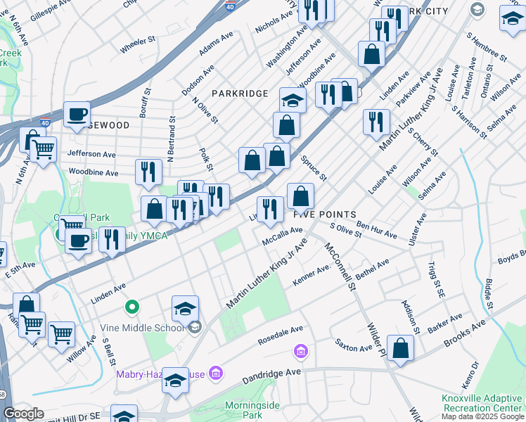 map of restaurants, bars, coffee shops, grocery stores, and more near 2115 Linden Avenue in Knoxville