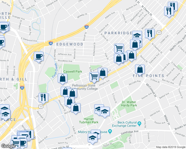 map of restaurants, bars, coffee shops, grocery stores, and more near 1908 East 5th Avenue in Knoxville