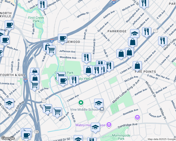 map of restaurants, bars, coffee shops, grocery stores, and more near 1805 East 5th Avenue in Knoxville