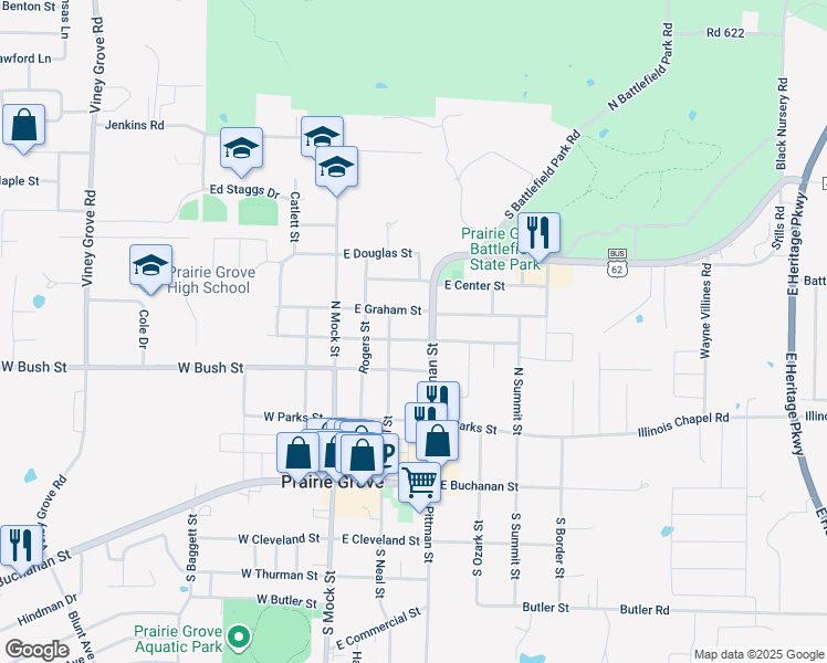 map of restaurants, bars, coffee shops, grocery stores, and more near 400 North Pittman Street in Prairie Grove