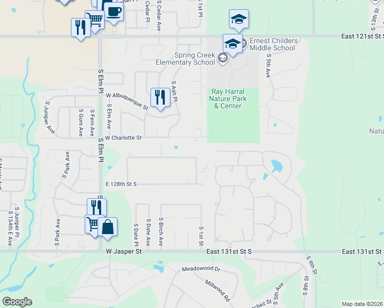 map of restaurants, bars, coffee shops, grocery stores, and more near 16609 East 127th Street in Broken Arrow