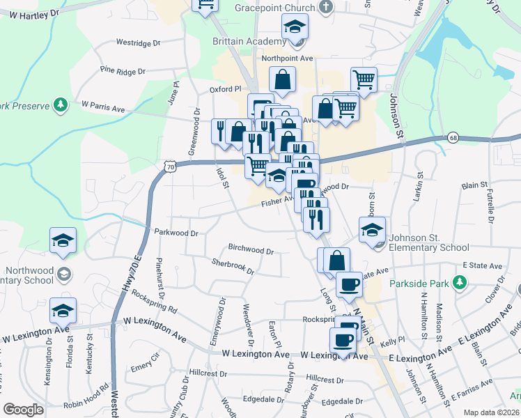 map of restaurants, bars, coffee shops, grocery stores, and more near 217 Fisher Avenue in High Point