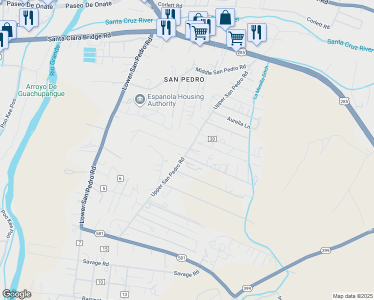 map of restaurants, bars, coffee shops, grocery stores, and more near 58 Upper San Pedro Road in Española