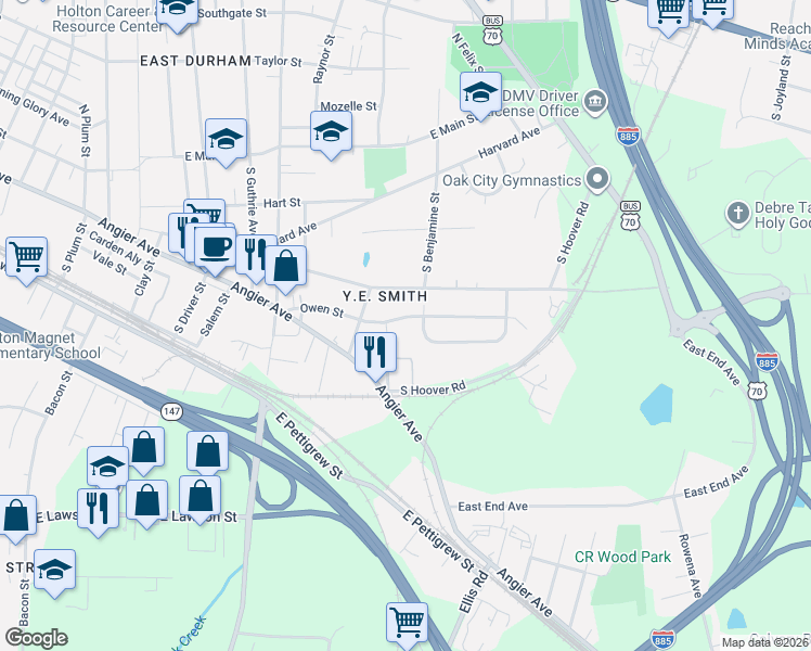 map of restaurants, bars, coffee shops, grocery stores, and more near 2622 Owen Street in Durham