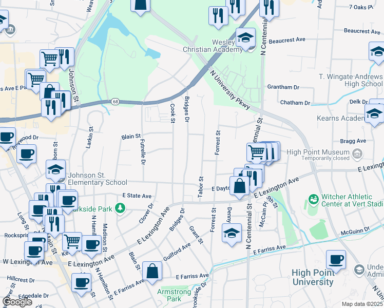 map of restaurants, bars, coffee shops, grocery stores, and more near 1103 Bridges Drive in High Point