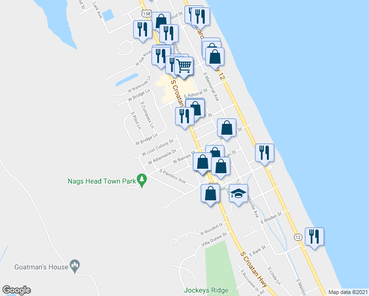 map of restaurants, bars, coffee shops, grocery stores, and more near 2715 South Meekins Avenue in Nags Head
