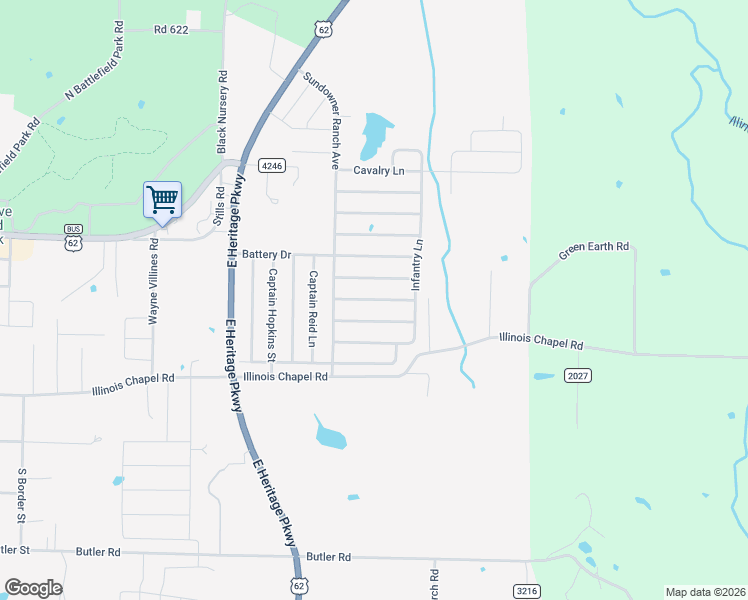 map of restaurants, bars, coffee shops, grocery stores, and more near General Parson Drive in Prairie Grove