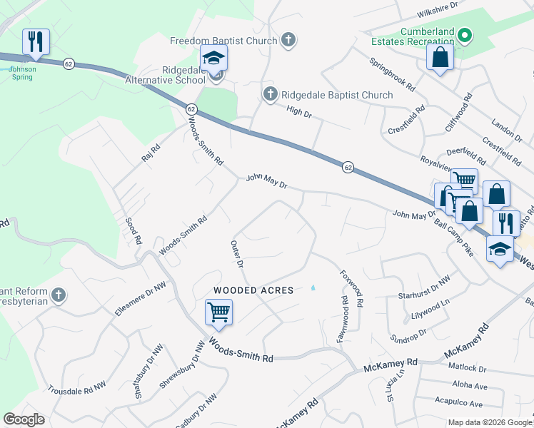 map of restaurants, bars, coffee shops, grocery stores, and more near 5817 Outer Drive in Knoxville