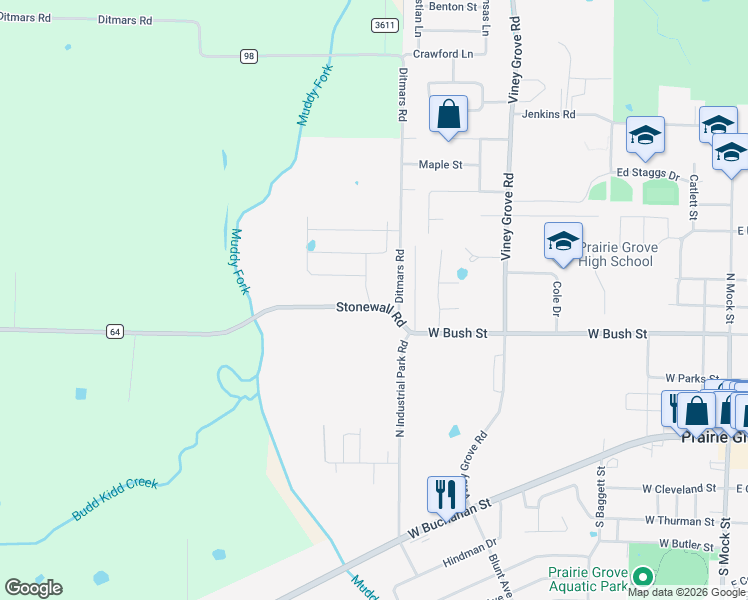 map of restaurants, bars, coffee shops, grocery stores, and more near 438 Ditmars Road in Prairie Grove