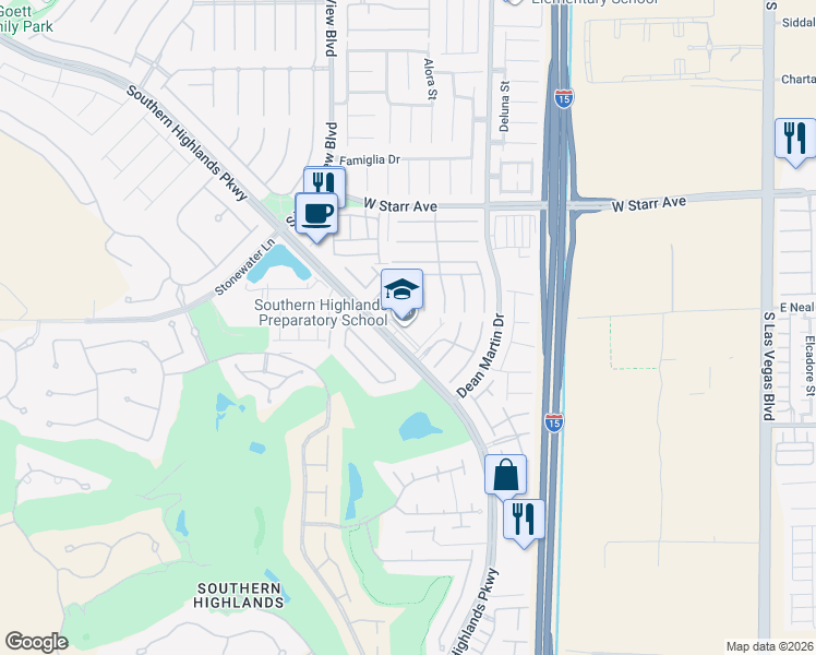 map of restaurants, bars, coffee shops, grocery stores, and more near 11500 Southern Highlands Parkway in Las Vegas
