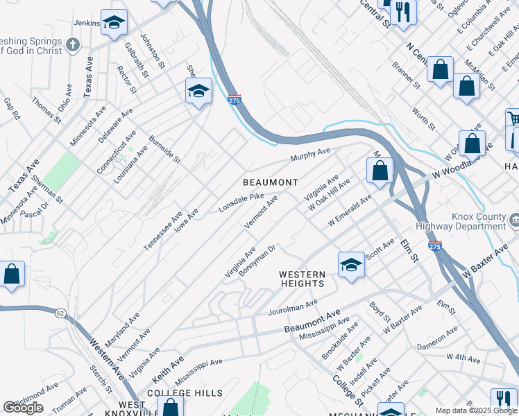 map of restaurants, bars, coffee shops, grocery stores, and more near 1201 Vermont Avenue in Knoxville