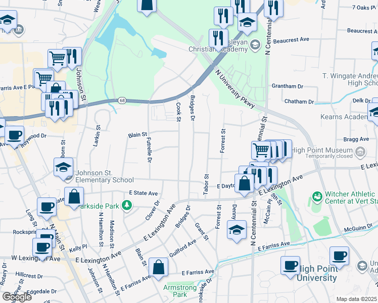 map of restaurants, bars, coffee shops, grocery stores, and more near 1103 Bridges Dr in High Point