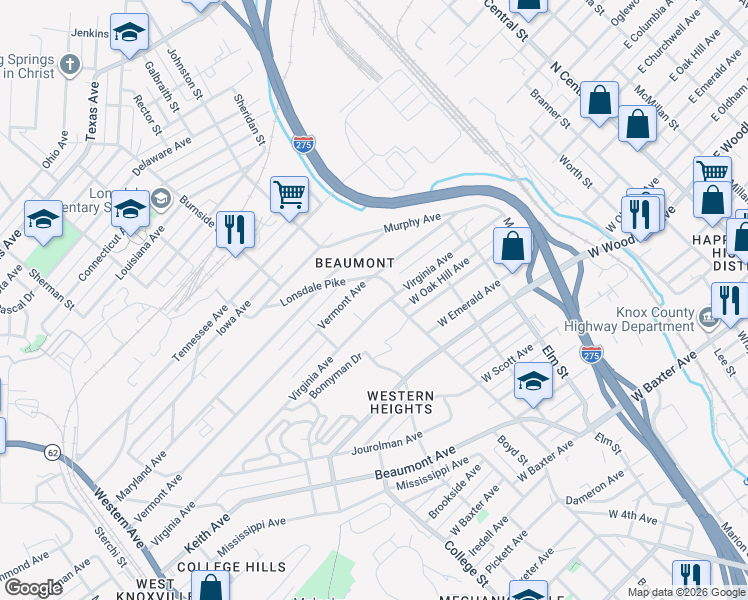 map of restaurants, bars, coffee shops, grocery stores, and more near 1119 Virginia Avenue in Knoxville