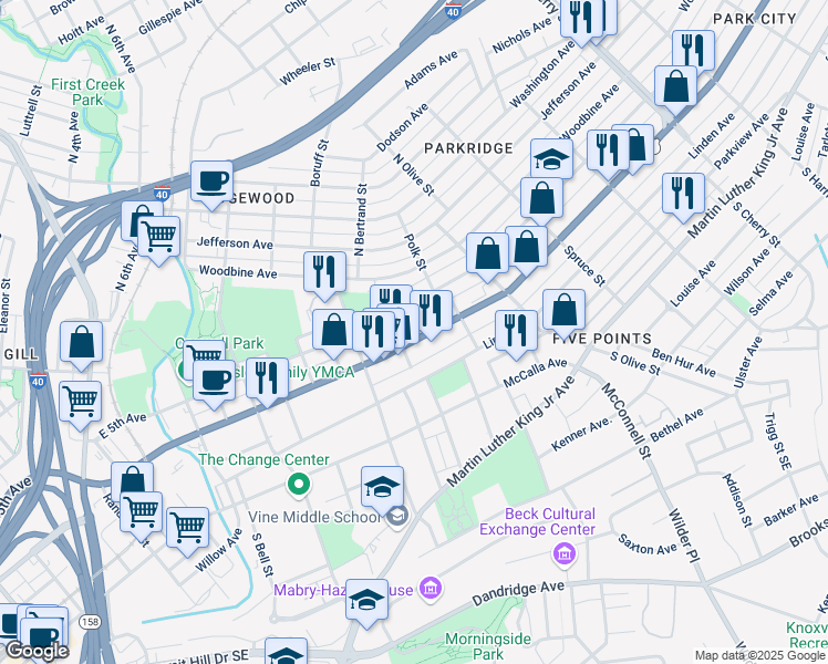 map of restaurants, bars, coffee shops, grocery stores, and more near 2011 East Magnolia Avenue in Knoxville