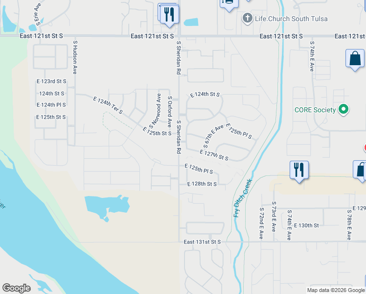 map of restaurants, bars, coffee shops, grocery stores, and more near 12650 South 66th East Avenue in Bixby