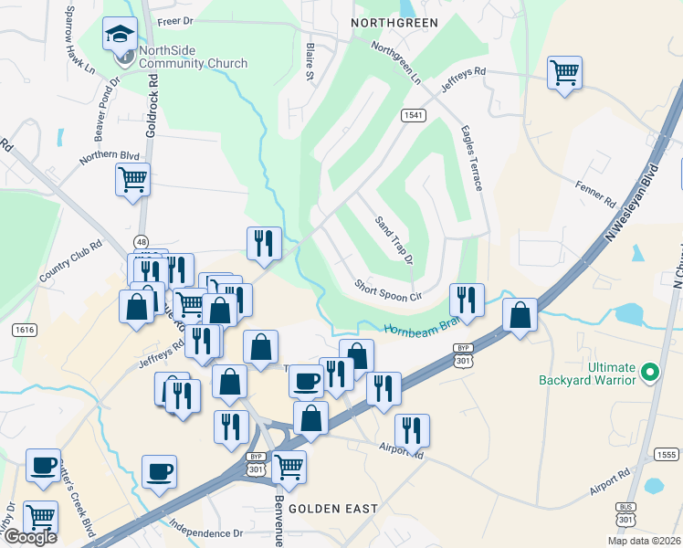 map of restaurants, bars, coffee shops, grocery stores, and more near 620 Short Spoon Circle in Rocky Mount
