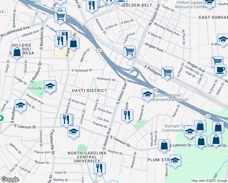 map of restaurants, bars, coffee shops, grocery stores, and more near 1102 Jacob Street in Durham