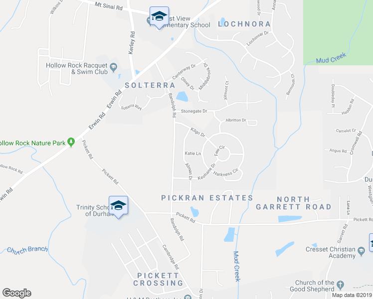 map of restaurants, bars, coffee shops, grocery stores, and more near 3610 Katie Lane in Durham