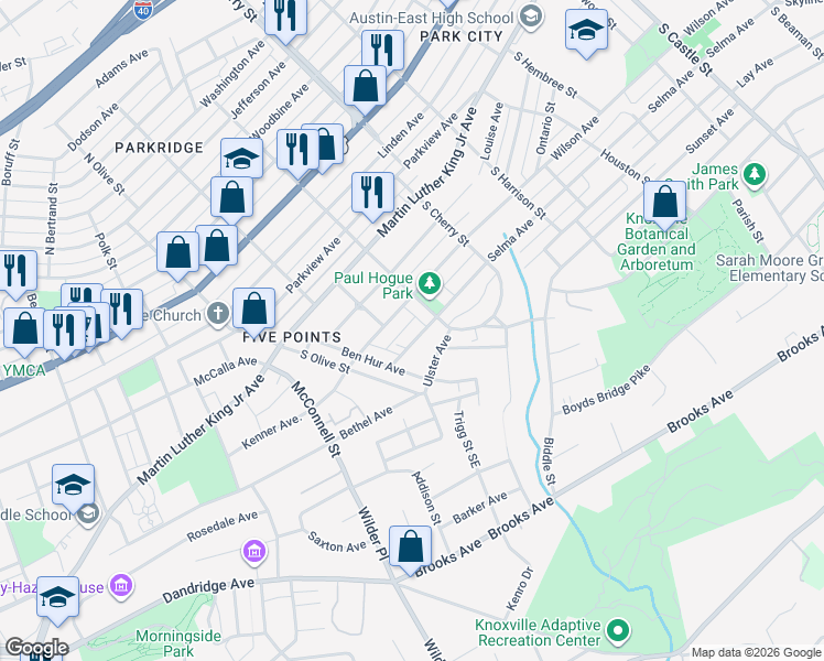 map of restaurants, bars, coffee shops, grocery stores, and more near 2437 Selma Avenue in Knoxville