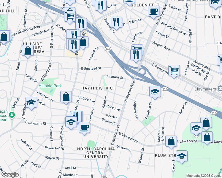 map of restaurants, bars, coffee shops, grocery stores, and more near 911 Grant St in Durham