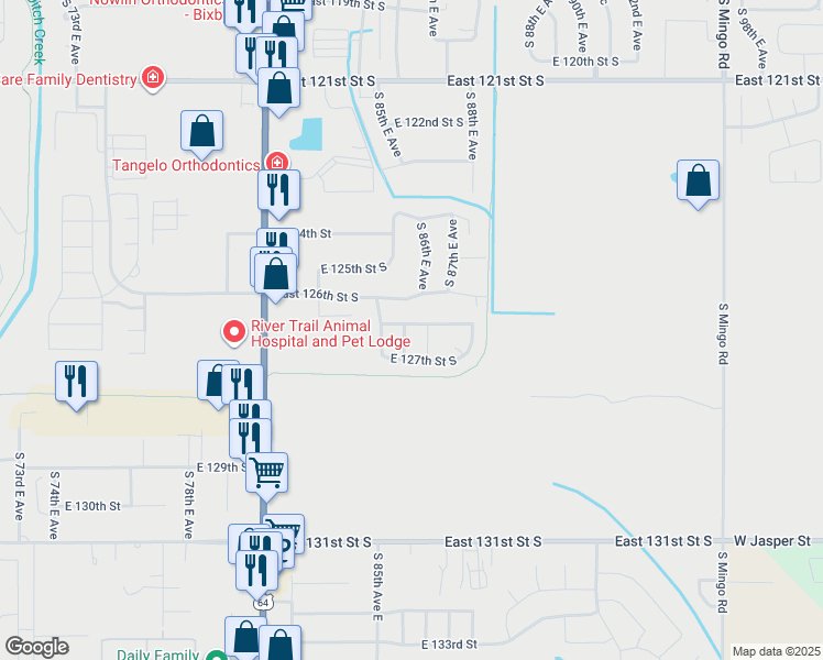 map of restaurants, bars, coffee shops, grocery stores, and more near 12653 South 85th East Place in Bixby