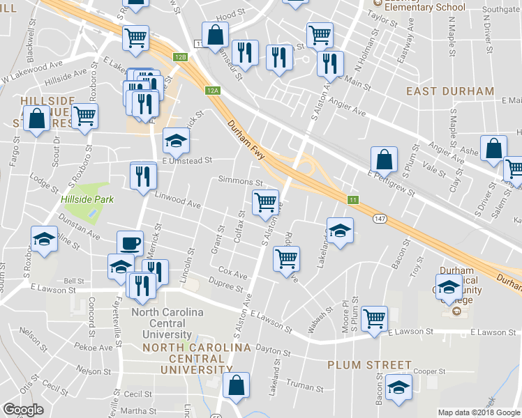 map of restaurants, bars, coffee shops, grocery stores, and more near 1104 Jacob Street in Durham