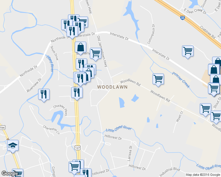 map of restaurants, bars, coffee shops, grocery stores, and more near 1299 Old Jamestown Highway in Crossville