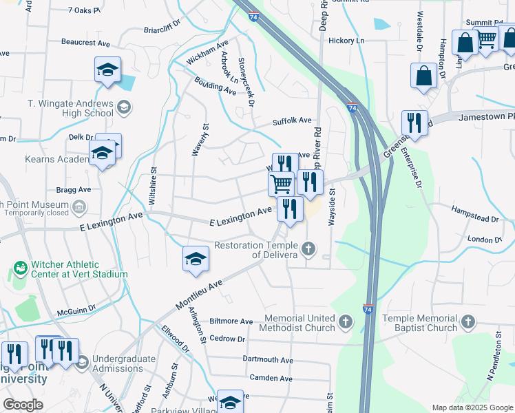 map of restaurants, bars, coffee shops, grocery stores, and more near 2507 East Lexington Avenue in High Point