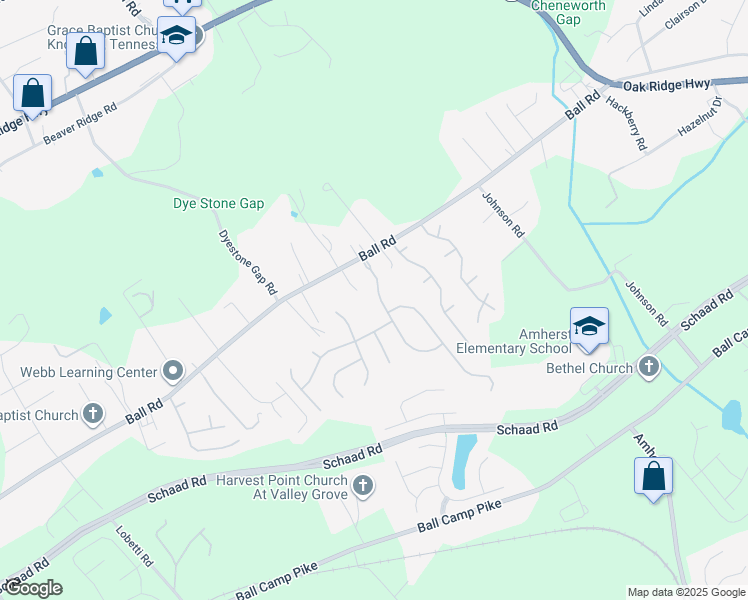 map of restaurants, bars, coffee shops, grocery stores, and more near 3417 Miller Creek Road in Knoxville