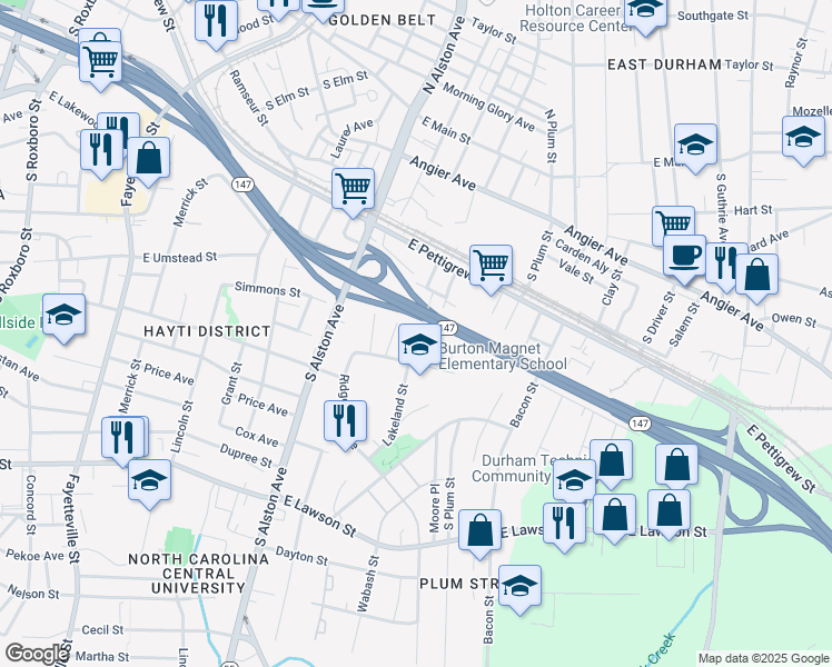 map of restaurants, bars, coffee shops, grocery stores, and more near 422 Lakeland Street in Durham