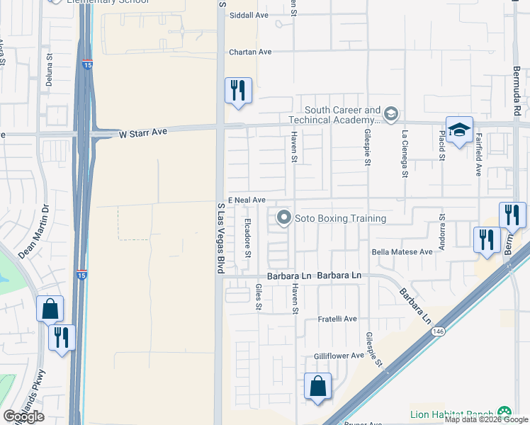 map of restaurants, bars, coffee shops, grocery stores, and more near 11523 Bellefonte Street in Las Vegas