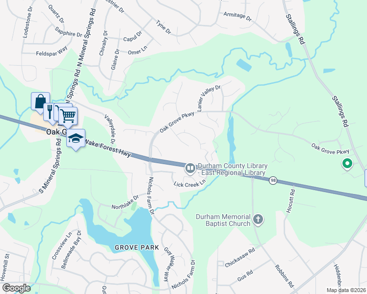 map of restaurants, bars, coffee shops, grocery stores, and more near 214 Kindlewood Drive in Durham
