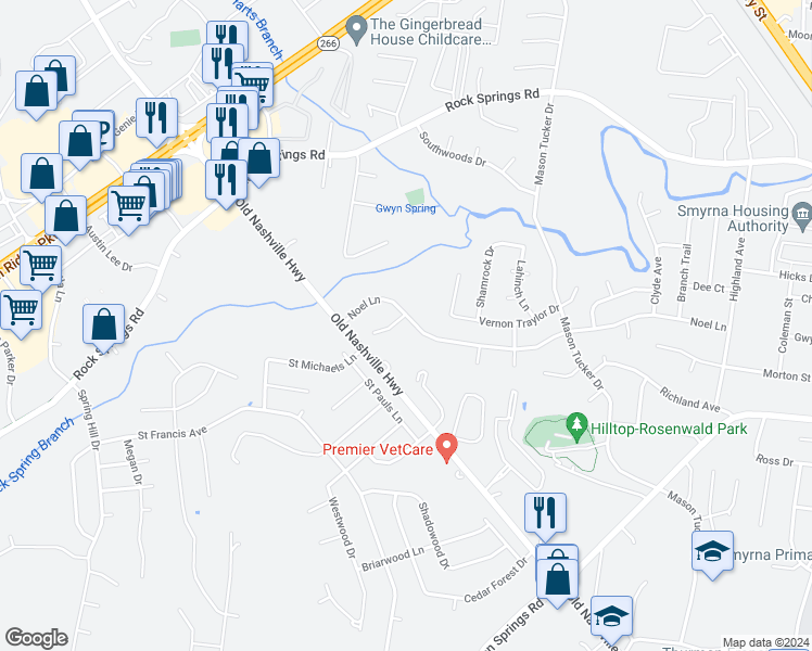 map of restaurants, bars, coffee shops, grocery stores, and more near 413 Noel Lane in Smyrna